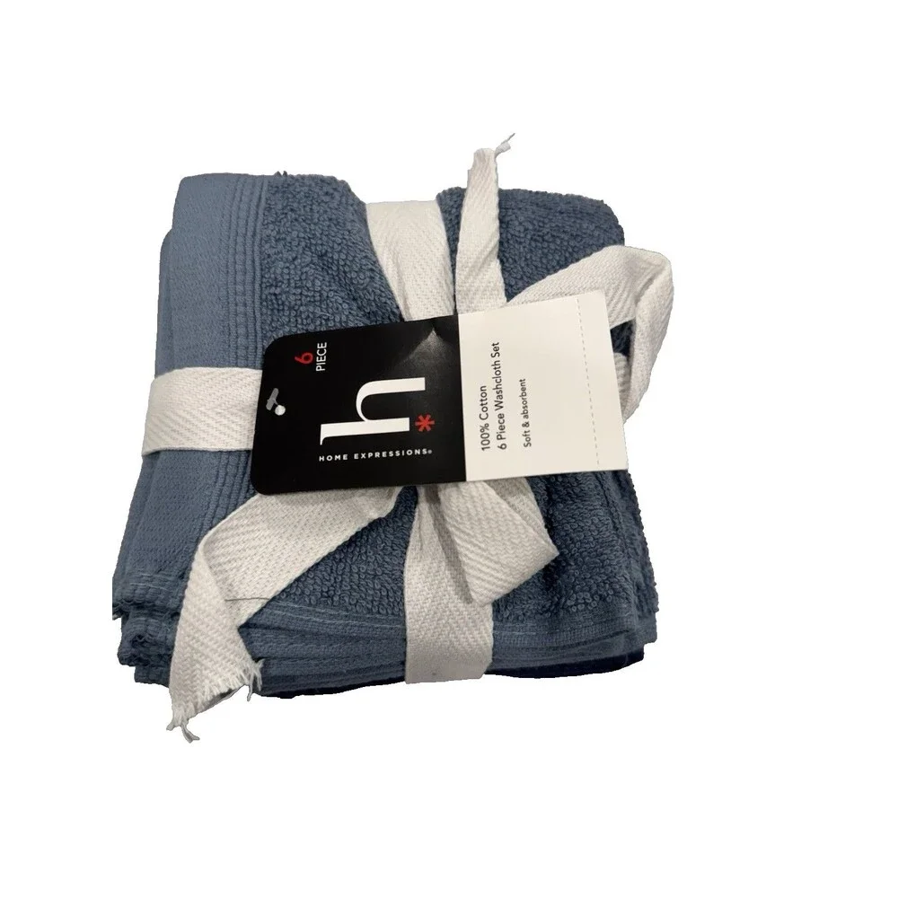 New Home Expressions Blue Navy Cotton Wash Cloths Set of 6